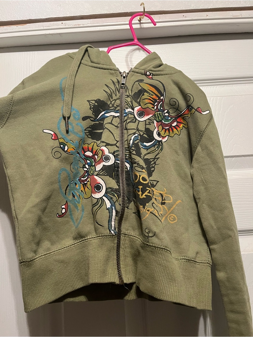 Ed Hardy Olive Green Girls' Zip Hoodie with Colorful Graphic